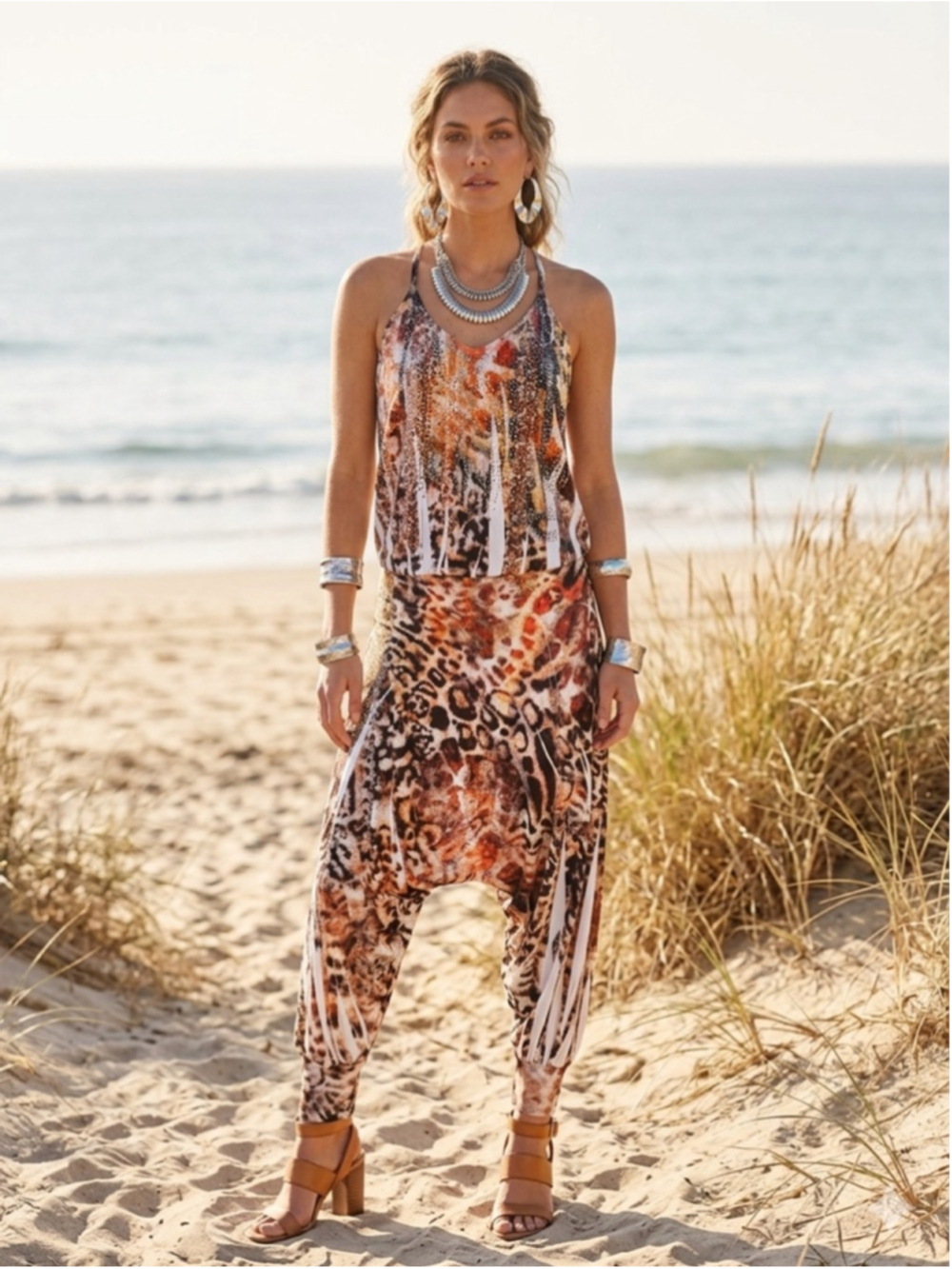 S-Twelve Boho Leopard Rhinestone Harem Jumpsuit Size L Stretch Statement Slit Le
